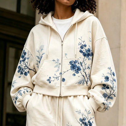 Cardydony Women's Japanese Cherry Blossom Art Print Zip Up Hoodie Two Piece Set