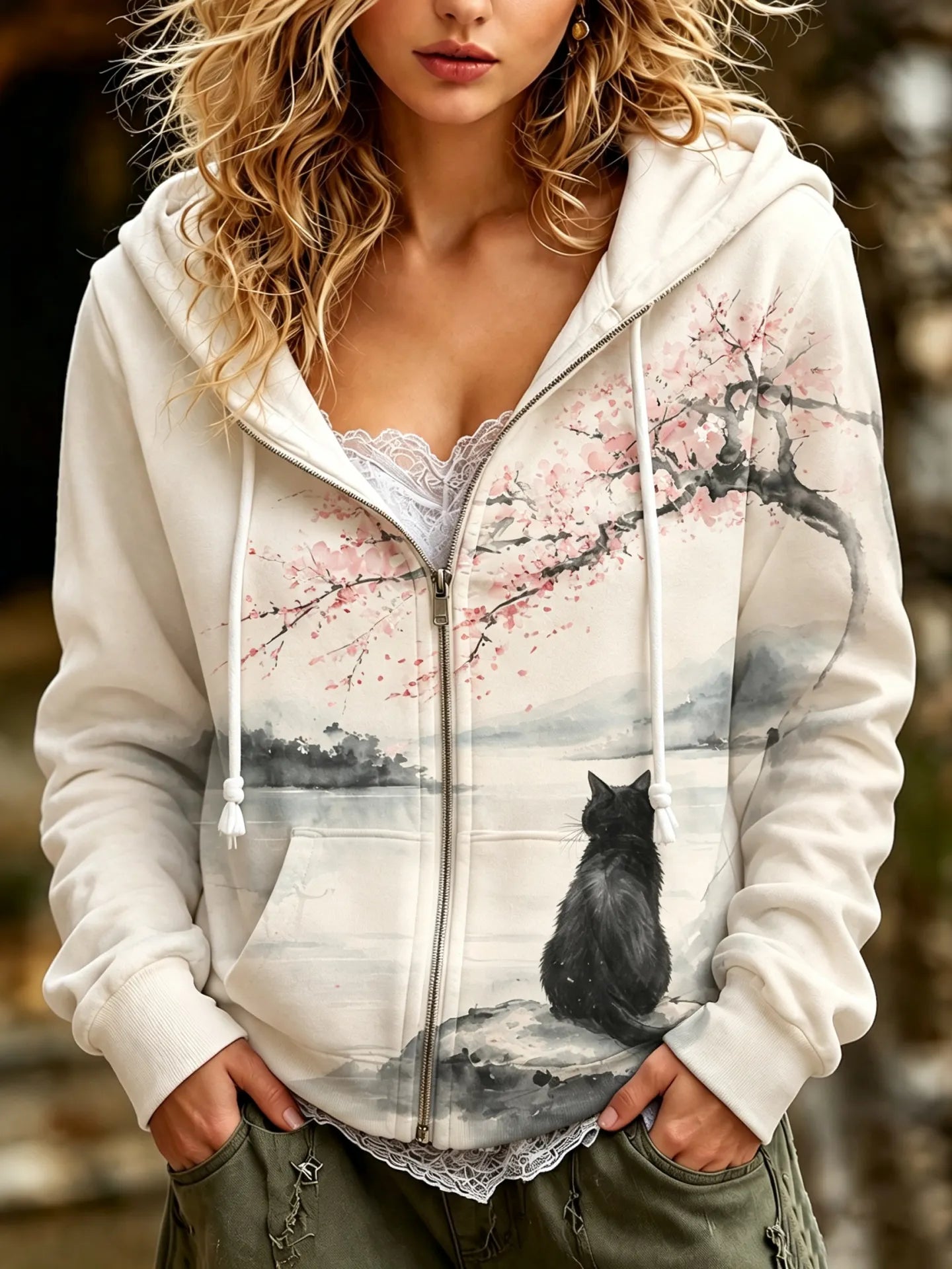 Cardydony Women's Japanese Cat Pattern Art Casual Zip Up Hoodie