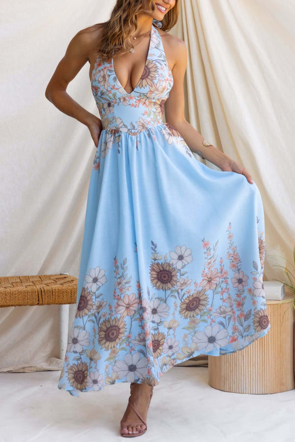 Cardydony Women's Sunflower Print V-neck Fitted Waist Elegant Maxi Dress