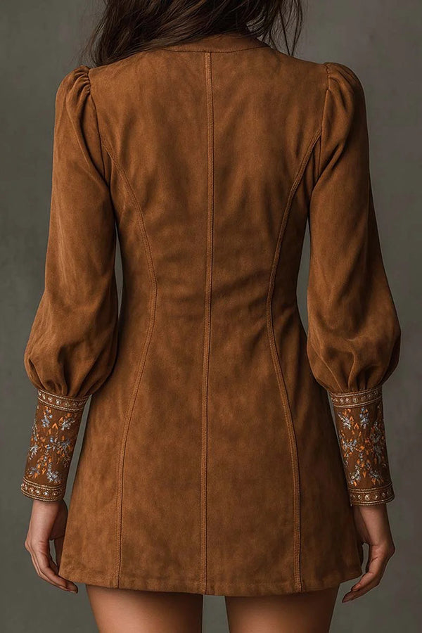 Cardydony Women's Fashionable Suede Embroidered V-neck Long-sleeved Slim-fit Mini Dress