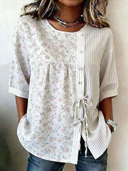 Cardydony Women's Floral Striped Short-sleeved Top