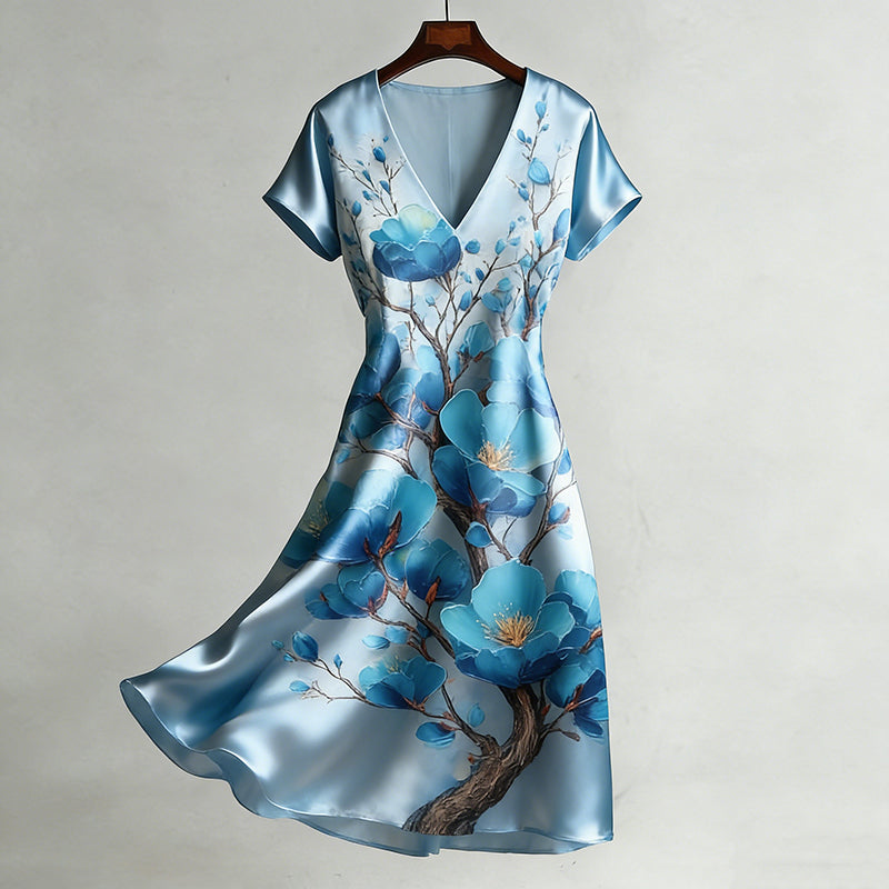 Cardydony Women's Retro Japanese-style Plum Blossom Pattern Smooth Dress