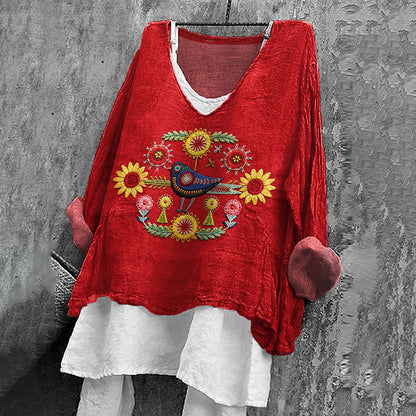 Cardydony Women's Flower And Bird Embroidery Art V-neck Shirt