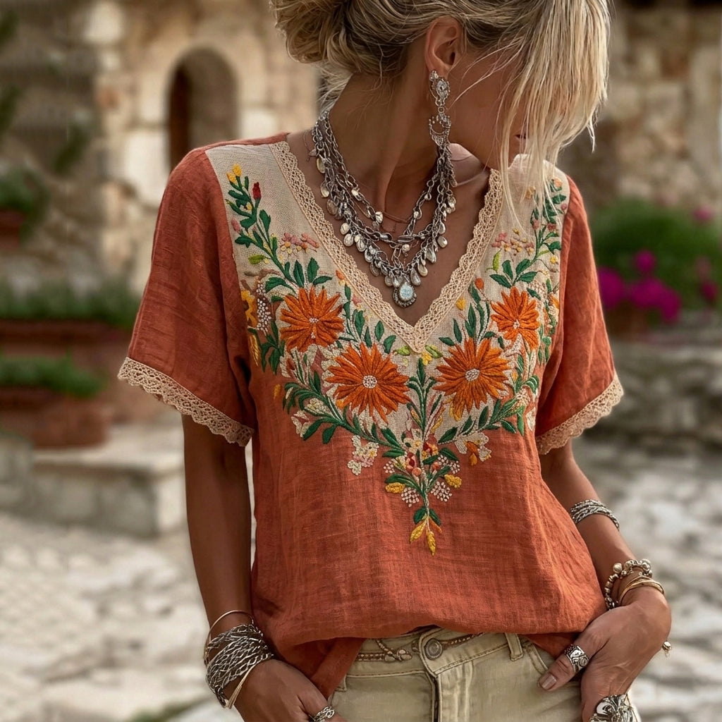 Cardydony Women's Retro Ethnic Floral Patchwork Casual T-shirt