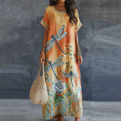 Cardydony Retro Dragonfly And Floral Pattern Linen Maxi Dress
