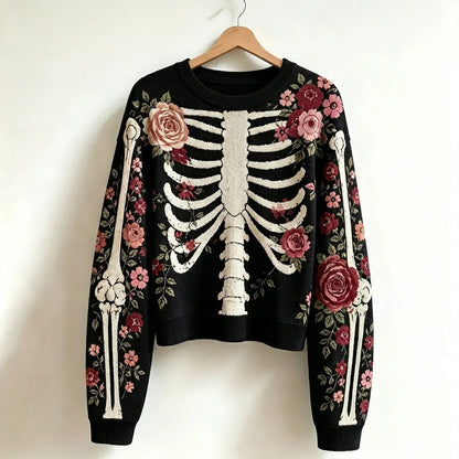 Cardydony Comstylish Women's Vintage Skeleton And Rose Art Cozy Sweater