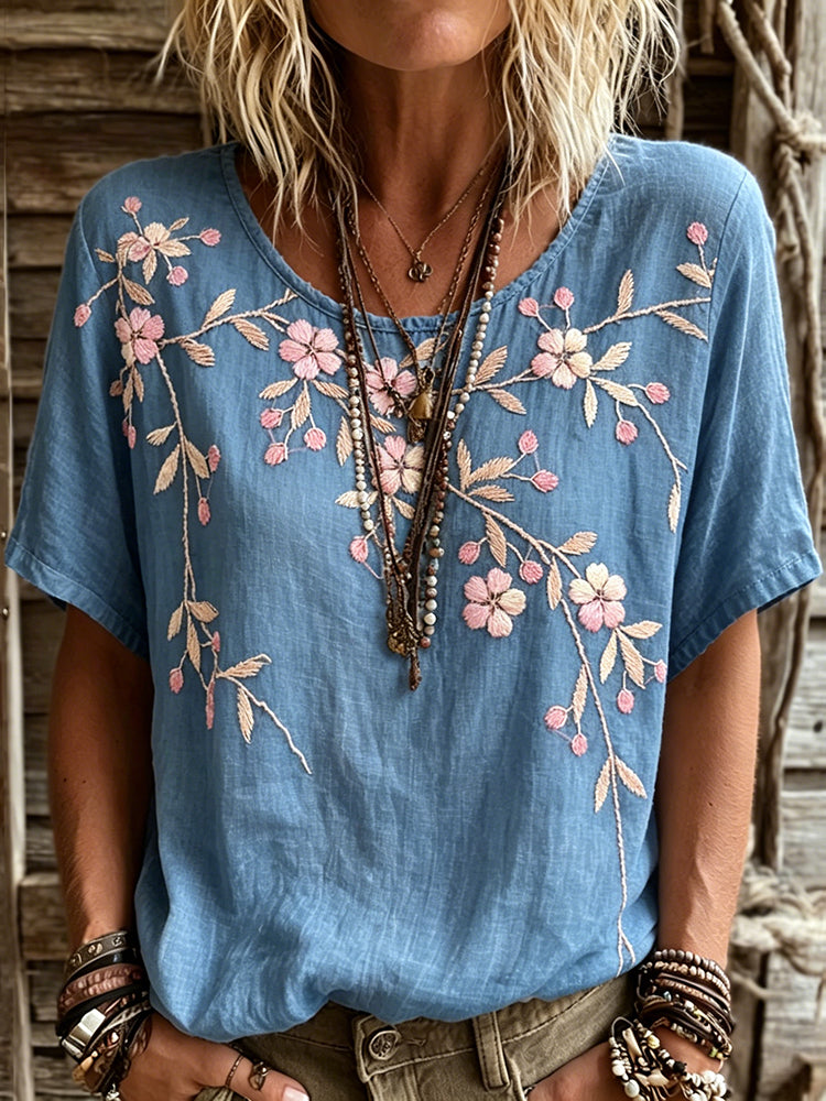 Cardydony Women's Vintage Pink Floral Art Round Neck Short Sleeve Linen Blend T-shirt