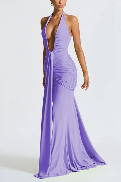 Cardydony Women's Solid Color Elegant Halterneck V-neck Open Back Tie Gathered Maxi Dress