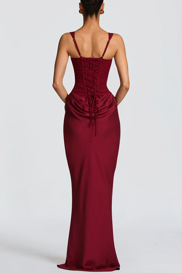 Cardydony Women's Larrah Square Neck Back Lace-up Satin Drape Hem Maxi Dress