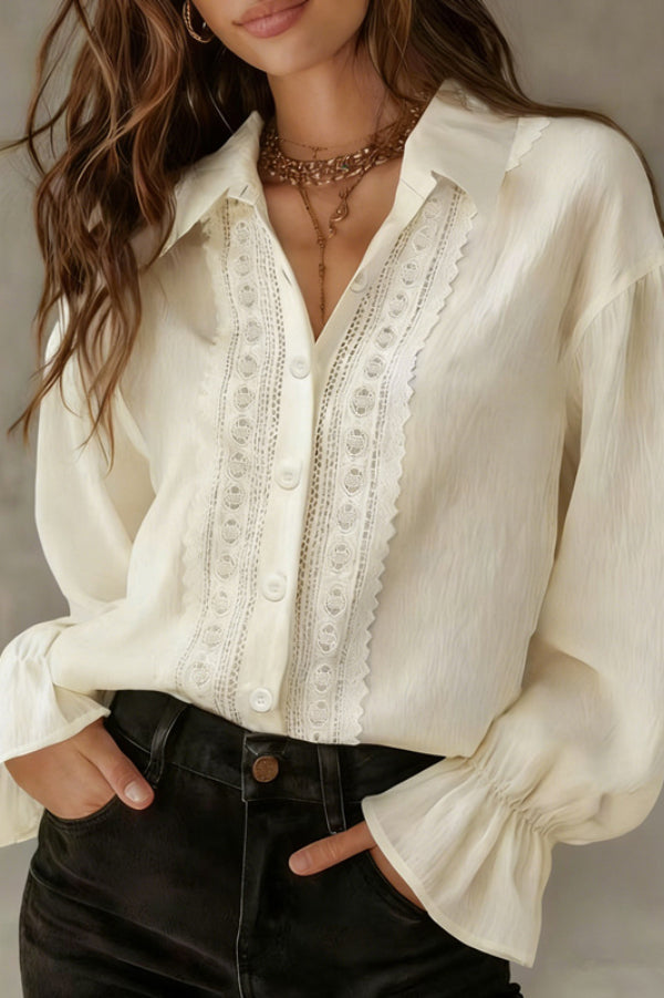 Cardydony Women's Solid Color Patchwork Lace Lapel Long-sleeved Button Casual Shirt