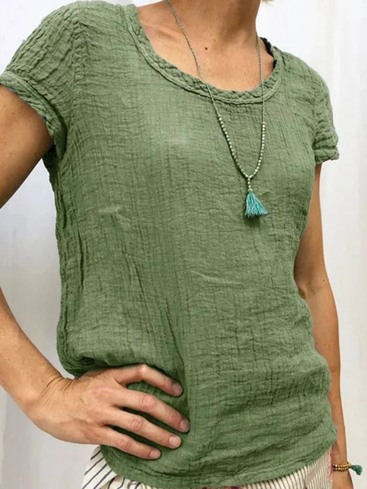 Cardydony Vintage crew neck casual linen T-shirt