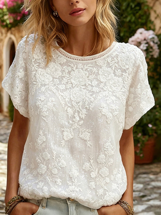 Cardydony Women's Retro Floral Art Embroidery Round Neck Summer Short Sleeve T-shirt