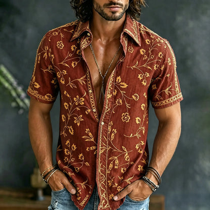 Cardydony Men's Spring Summer Floral Embroidered Art Print Flowy Linen Blend Short Sleeve Shirt