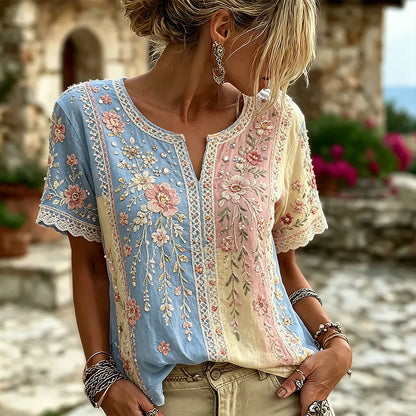 Cardydony Women's Floral And Lace Embroidery Art Patchwork Comfortable Casual V-neck Top