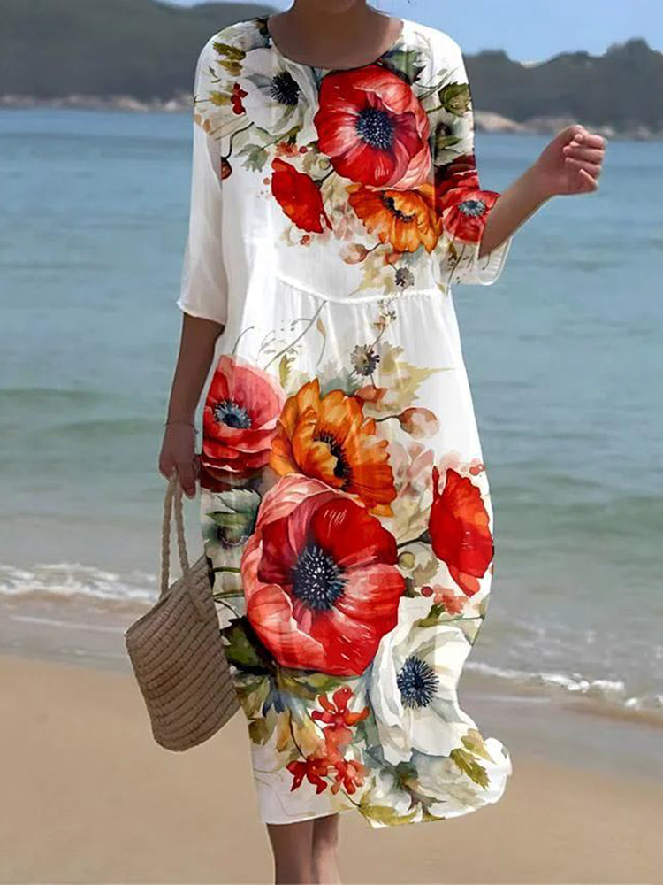 Cardydony Women's Floral Art Pattern Linen Blend Loose Three-quarter Sleeve Dress