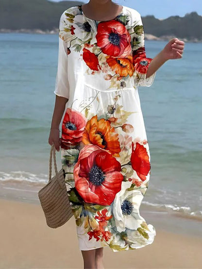 Cardydony Women's Floral Art Pattern Linen Blend Loose Three-quarter Sleeve Dress