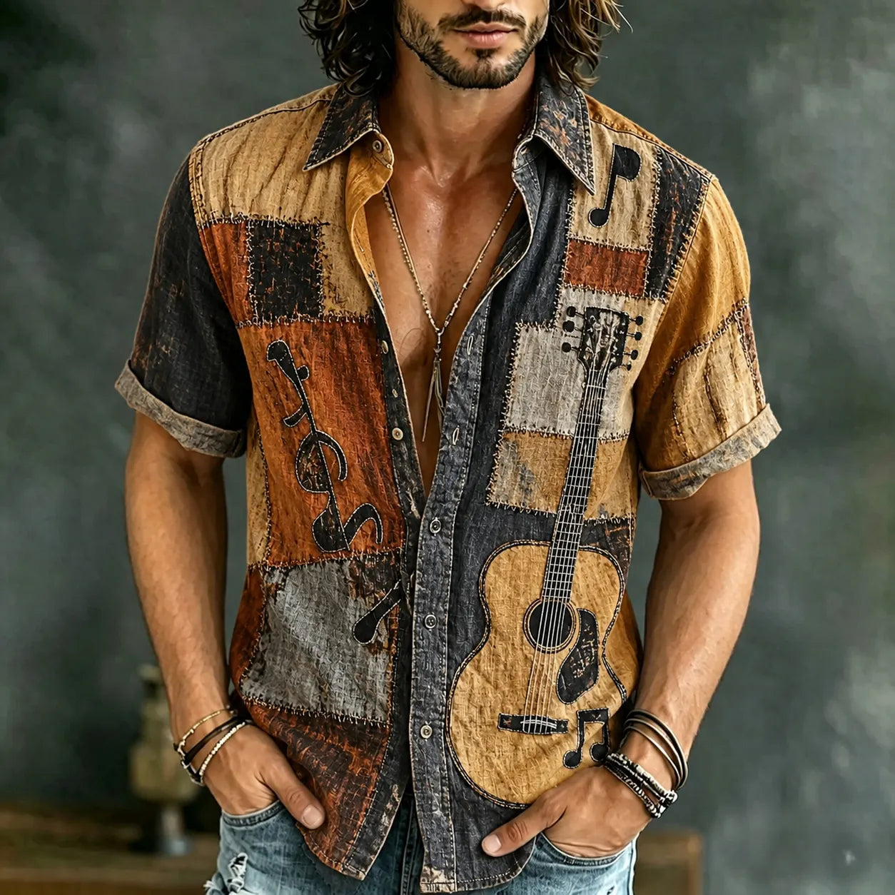 Cardydony Men's Retro Hippie Sign And Guitar Patchwork Pattern Short-sleeve Cotton Linen Shirt