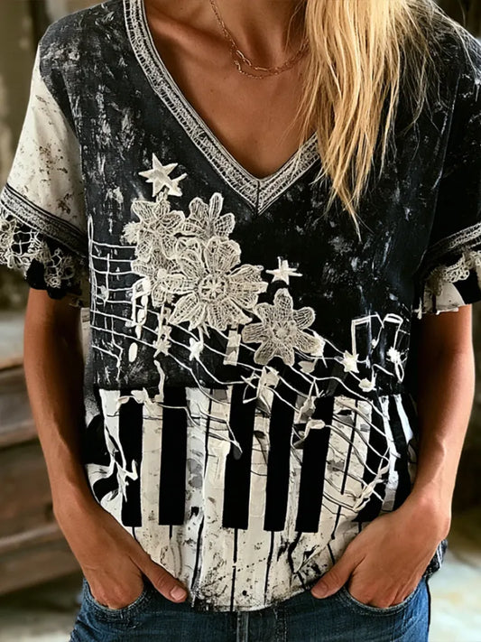 Cardydony Vintage Music And Floral Art Tie-dye Patchwork Casual Linen Cotton V-neck Short-sleeved Top