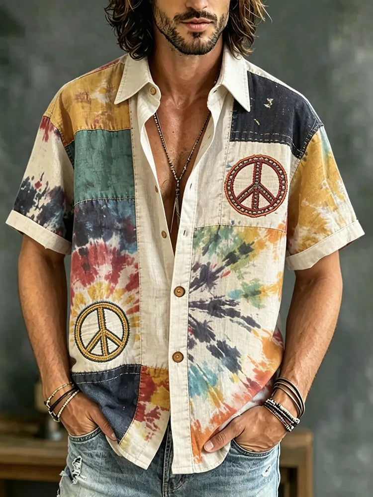 Cardydony Men's Retro Peace Hippie Art Print Casual Shirt