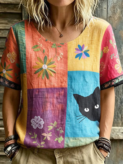 Cardydony Women's Hippie Black Cat Art Print Linen Blend Round Neck Tshirt
