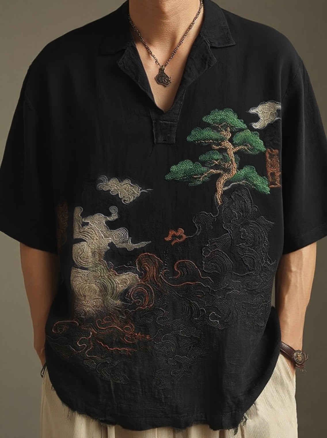 Cardydony Men's Retro Landscape Embroidery Casual Lapel Short Sleeve Shirt