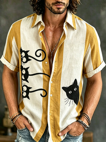 Cardydony Men's Cat Collection Cute Peeking Cat Colorblock Inspired Art Flowy Linen Blend Shirt