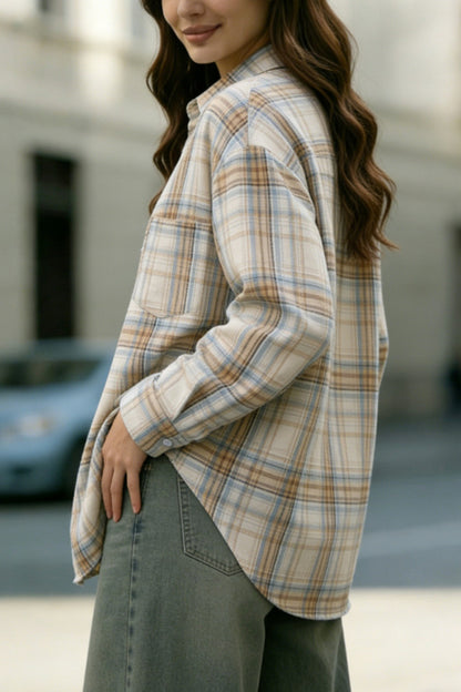 Cardydony Women's Stylish Plaid Collared Long-sleeved Pockets Casual Loose Shirt