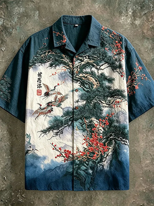 Cardydony Japanese Ukiyo-e Pine Crane Plum Blossom Linen Short Sleeve Camp Collar Shirt, Oriental Ink Wash Landscape Print Button Down Summer Shirt