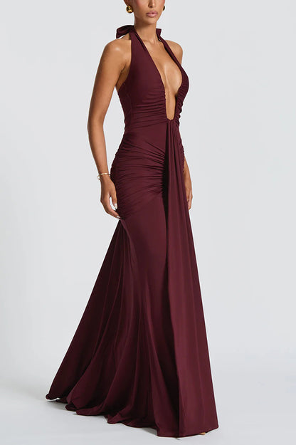 Cardydony Women's Solid Color Elegant Halterneck V-neck Open Back Tie Gathered Maxi Dress