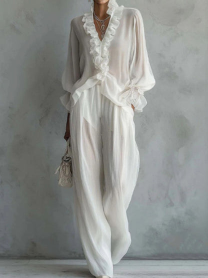 Cardydony Elegant Lace Long-sleeved Shirt And Wide-leg Pants Set