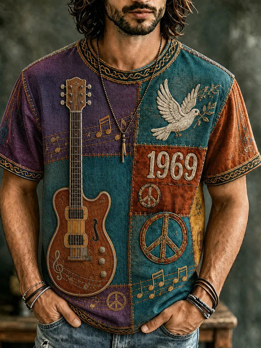 Cardydony Men's Hippie Music Guitar Pattern Patchwork Print T-shirt