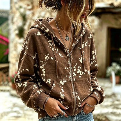 Cardydony Women's Vintage Japanese Cherry Blossom Art Plant Print Casual Hoodie