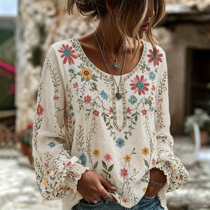 Cardydony Women's Vintage Floral Art Print Flowy Linen Blend Linen Blend Long Sleeve Casual Tops