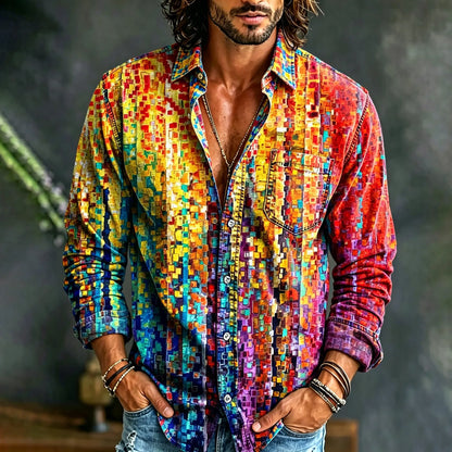 Cardydony Men's Hippie Retro Color Blocks Art Print Linen Shirt