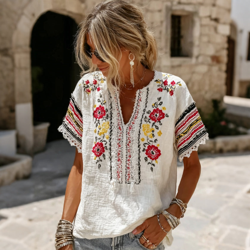 Cardydony Women's Retro Floral Embroidered Patchwork Art V Neck Linen Blend T-shirt