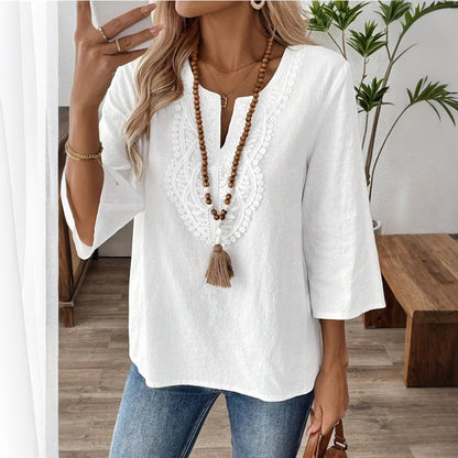 Cardydony Elegant Lace-trimmed Comfortable V-neck Shirt