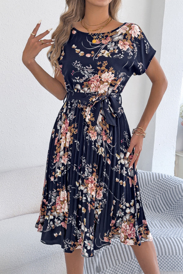 Cardydony Women's Floral Print Round Neck Fitted Waist Tie Pleated Midi Dress