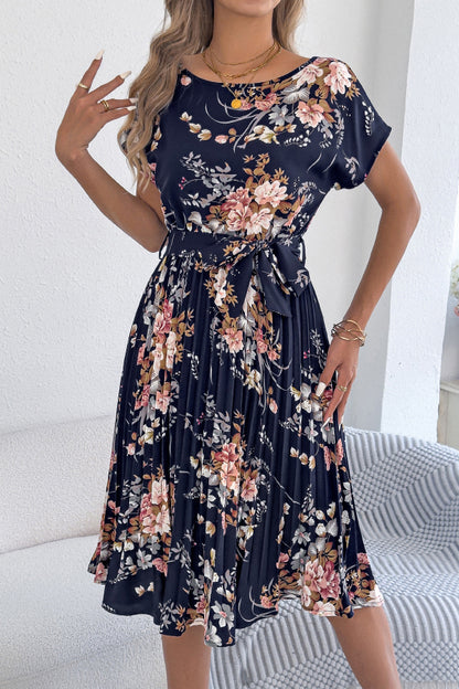 Cardydony Women's Floral Print Round Neck Fitted Waist Tie Pleated Midi Dress