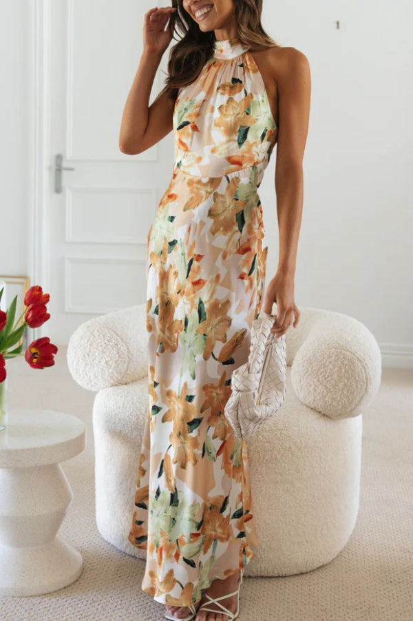 Cardydony Women's Floral Print Sleeveless Halter Neck Tie Holiday Maxi Dress