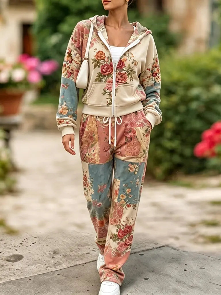 Cardydony Women's Retro Bohemian Floral Art Casual Sports Suit Two-piece Set