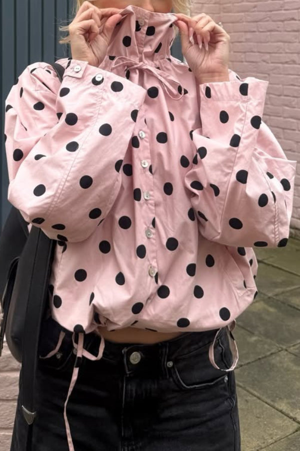 Cardydony Women's  Polka Dot Print Loose Stand Collar Button Bow Tie Casual Long-sleeved Jacket