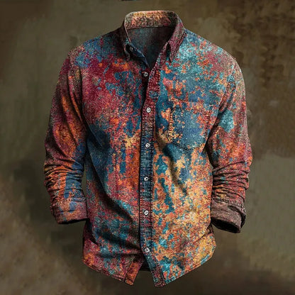 Cardydony Men's Retro Tie-dye Design Cotton Linen Shirt
