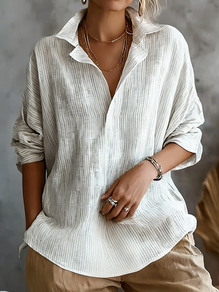 Cardydony Women's Retro Simple Stripe Casual Linen Long-sleeve Shirt