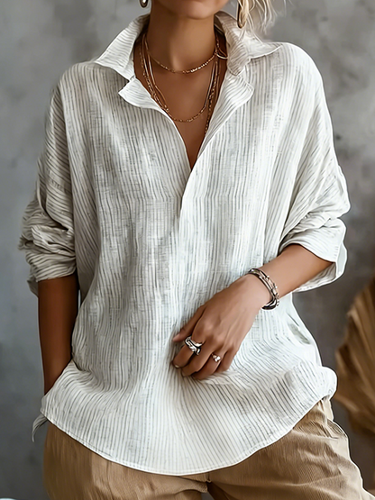 Cardydony Women's Retro Simple Stripe Casual Linen Long-sleeve Shirt