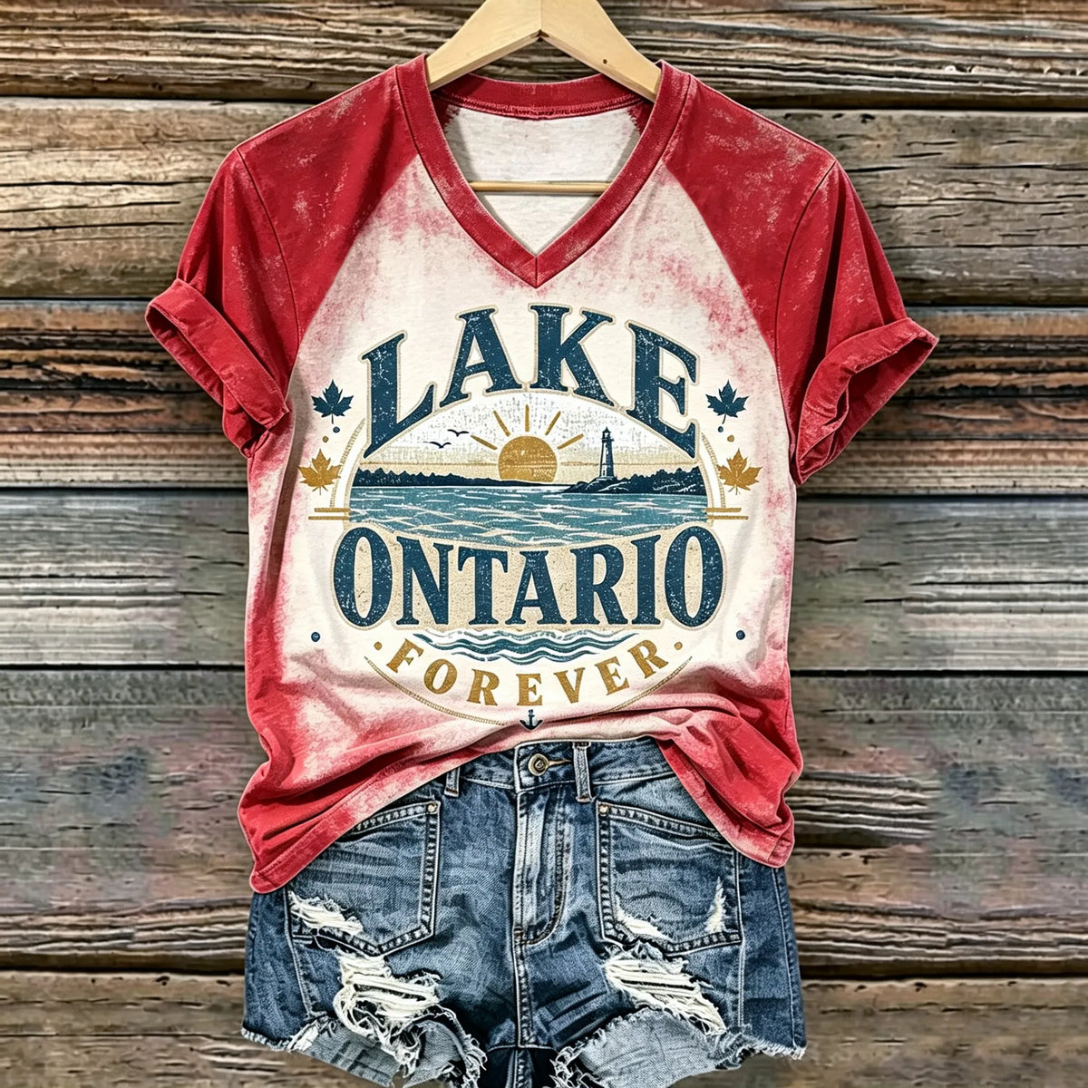Cardydony Women's Retro Lake Ontario Print T-shirt