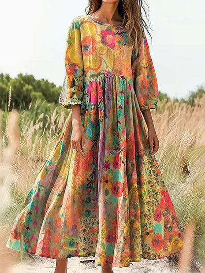Cardydony Women's Retro Watercolor Floral Collage Art Print Casual Cotton Linen Dress