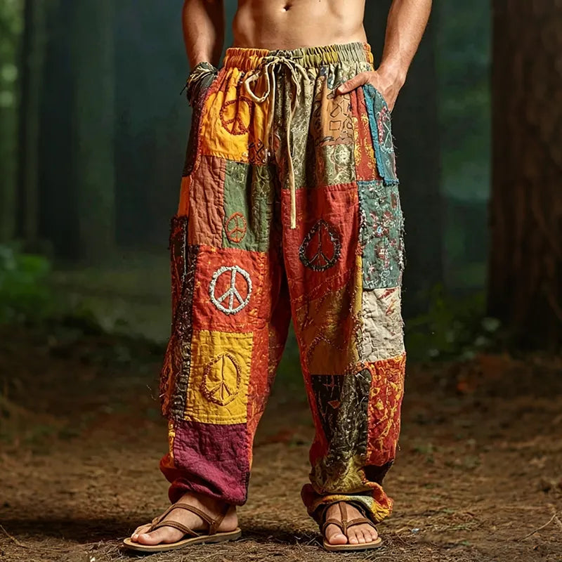 Cardydony Men's Colorful Hippie Art Peace Sign Patchwork Print Casual Pants