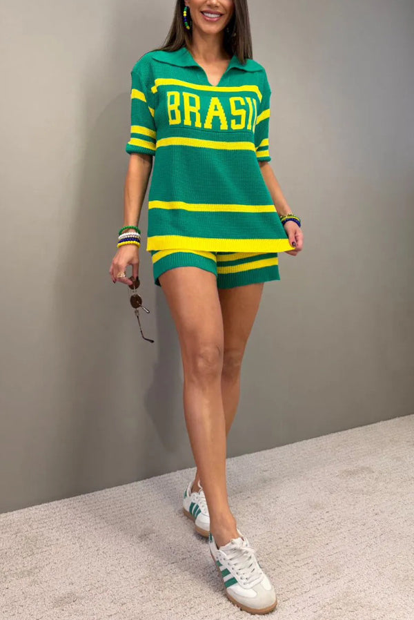 Cardydony Women's  World Cup-themed Jacquard V-neck Short-sleeved Loose-fitting Top and Casual Stretch Shorts Knit Set