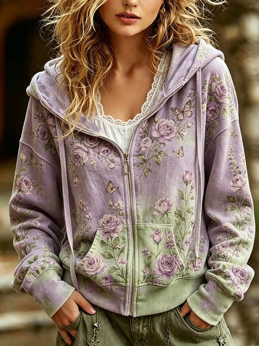 Cardydony Vintage Rose And Butterfly Art Traditional Tie-dye Casual Hoodie