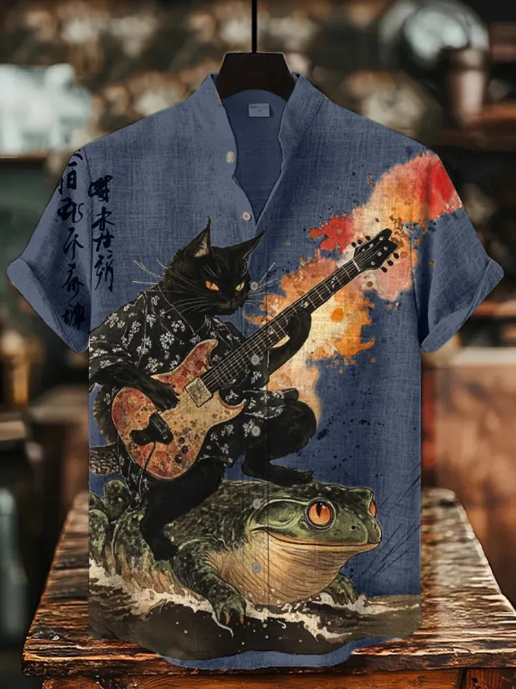 Cardydony Men's Black Cat Riding On Toad Playing Guitar Print Short Sleeve Shirt